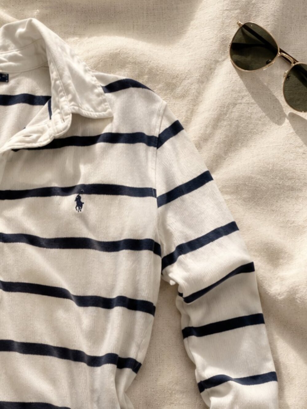 Polo Ralph Lauren Sport Cream Navy Stripe Long Sleeve Polo Top Small - Picture 5 of 9